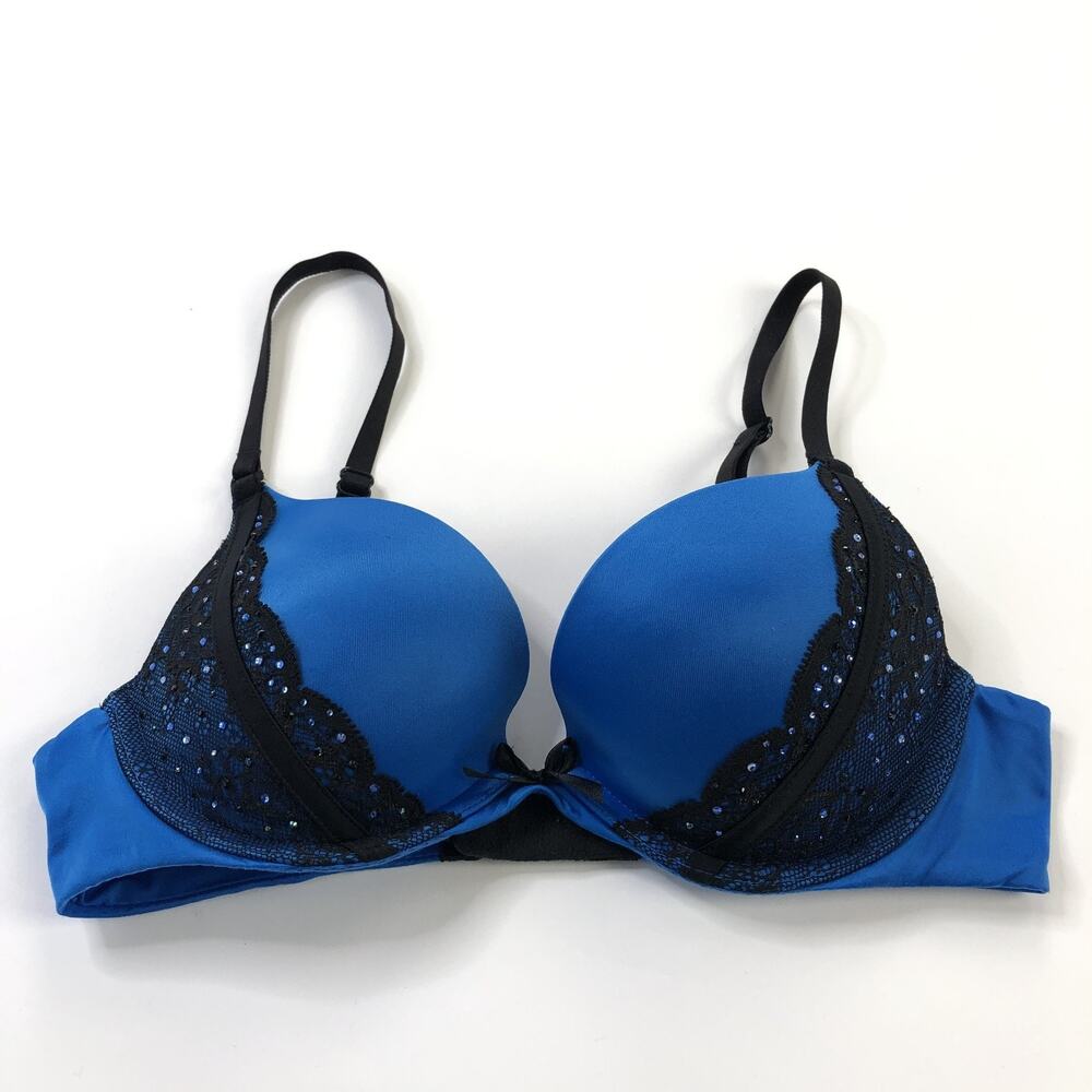 Victoria’s Secret Very Sexy Push-Up Bra Wired Lace Rhinestone Straps Blue 34B